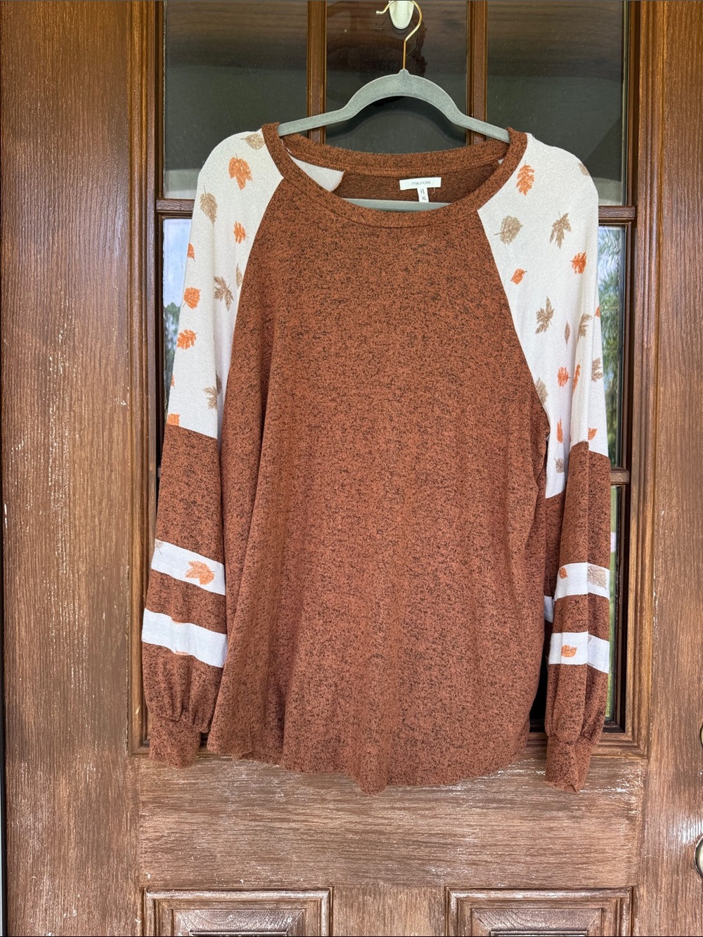 Rust Brown Raglan Fall Sweater with Leaf Accent